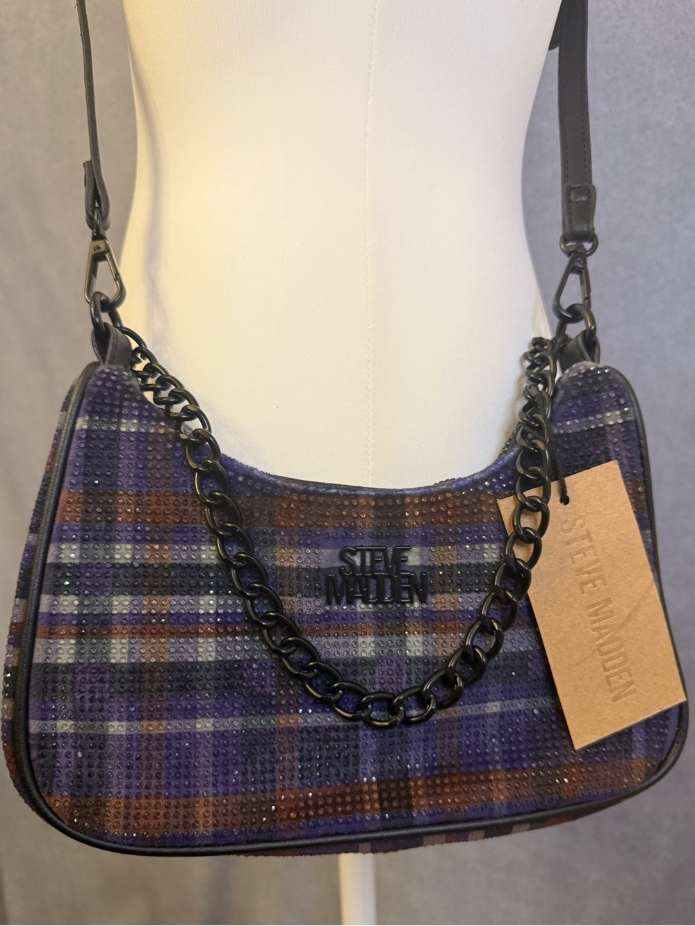 Steve Madden Purple Plaid Chain-Accent Shoulder Bag NWT